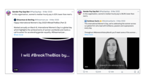 International Women's Day examples of gender pay gap bot exposing organisations which do not pay fairly between genders