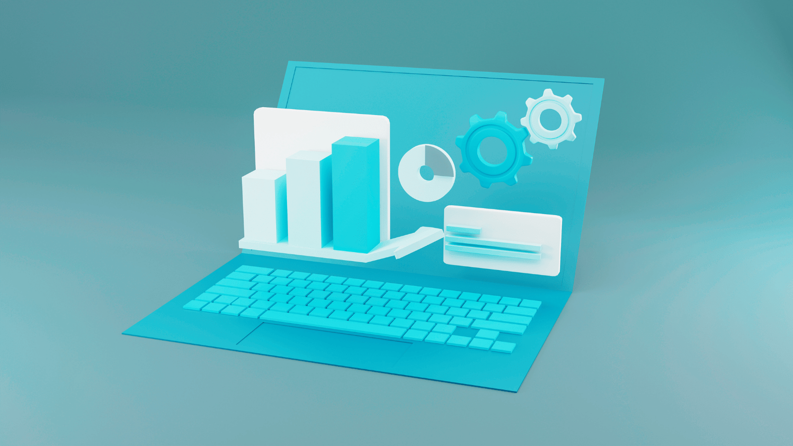 Design representation of a laptop with graphs and text popping out 3D